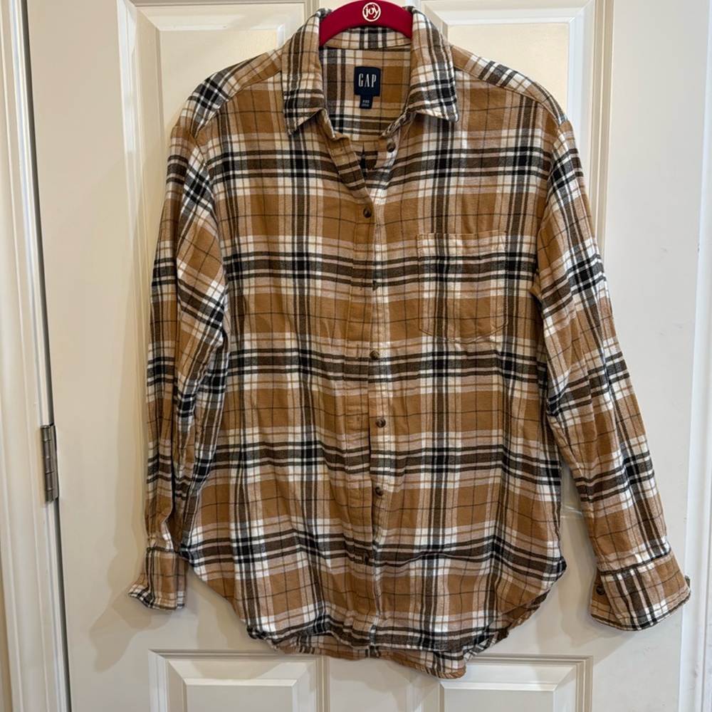 Women’s button down brown plaid shirt, size XXS